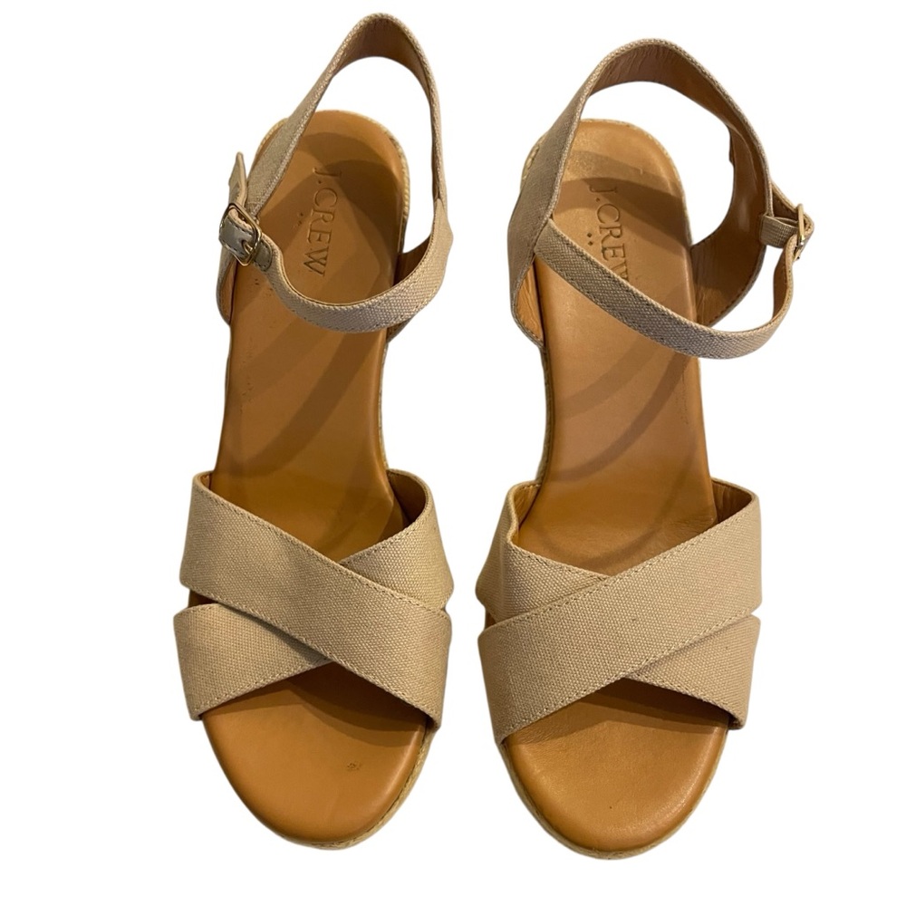 J. CREW Beige Canvas Espadrille Wedge Peep Toe Sandals - Women - Picture 4 of 6